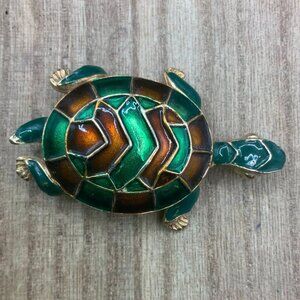 Turtle Tortoise Vintage Green Brown Enamel Gold Tone Brooch Pin